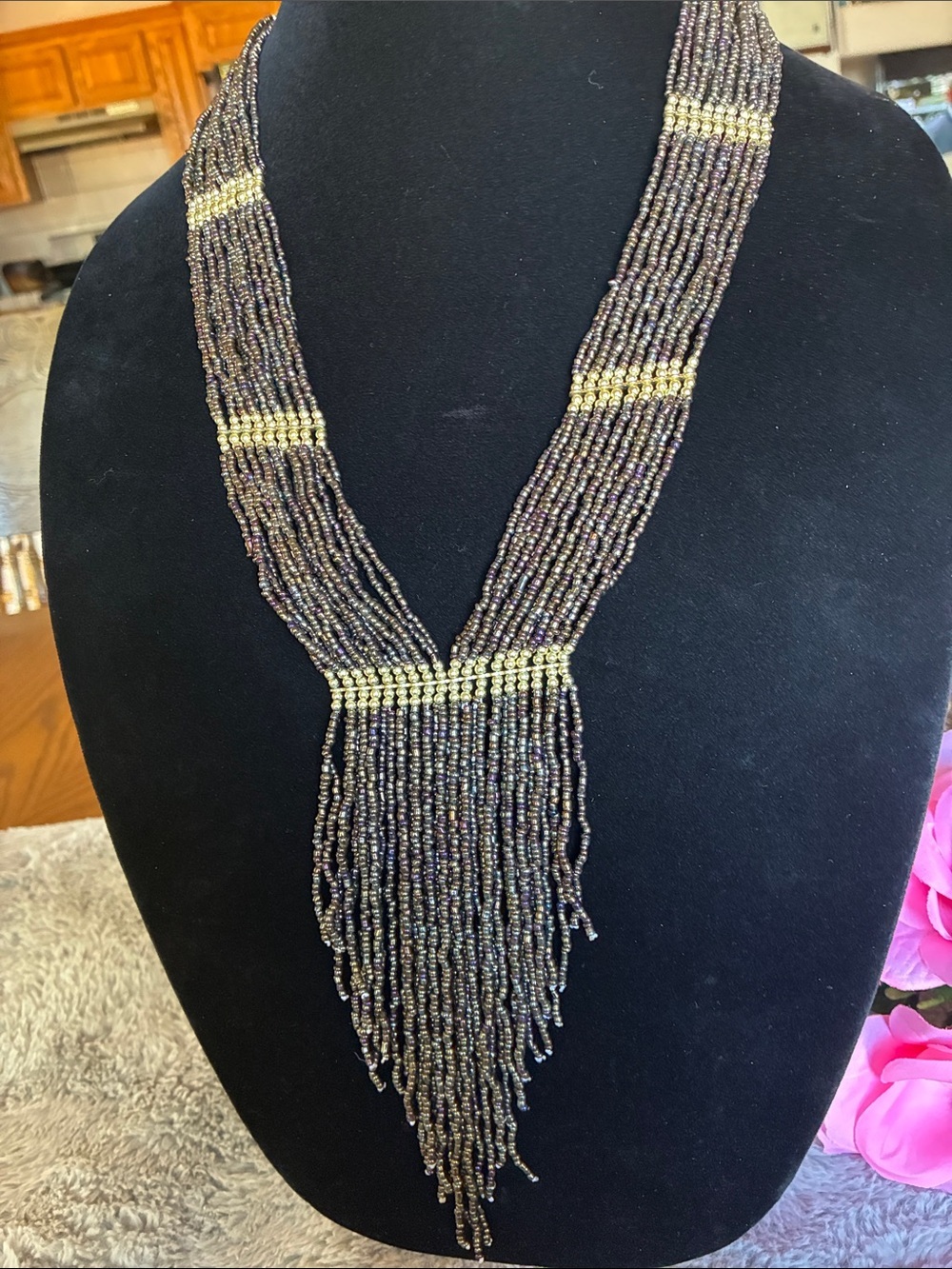 mark. Iridescent Black Beaded Fringe Necklace with Gold Accents